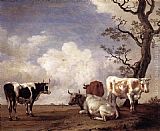 Paulus Potter Canvas Paintings - Four Bulls